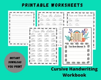 May include: Printable cursive handwriting workbook with a cover featuring a rainbow, a book, and a magnifying glass. The workbook includes pages for tracing and writing the letter 'a' in cursive.