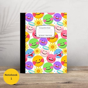 May include: Composition notebook with a colorful pattern of smiling faces in yellow, green, pink, purple, and blue, with white daisy accents. The cover has a black spine and the text "Composition Book" and "80 Sheets Wide Ruled".