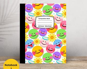 May include: Composition notebook with a colorful pattern of smiling faces in yellow, green, pink, purple, and blue, with white daisy accents. The cover has a black spine and the text "Composition Book" and "80 Sheets Wide Ruled".