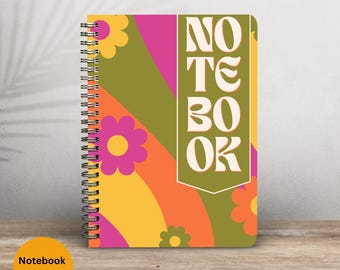 Retro Wavy Spiral Notebook: Floral Design, Vintage Colors (8.5"x11")