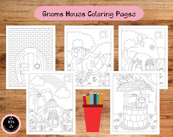 May include: Five black and white coloring pages featuring different gnome house designs. The designs include a horseshoe door, a mushroom house, a house with a rainbow above it, a house with a flower pot on the roof, and a well with a bucket.