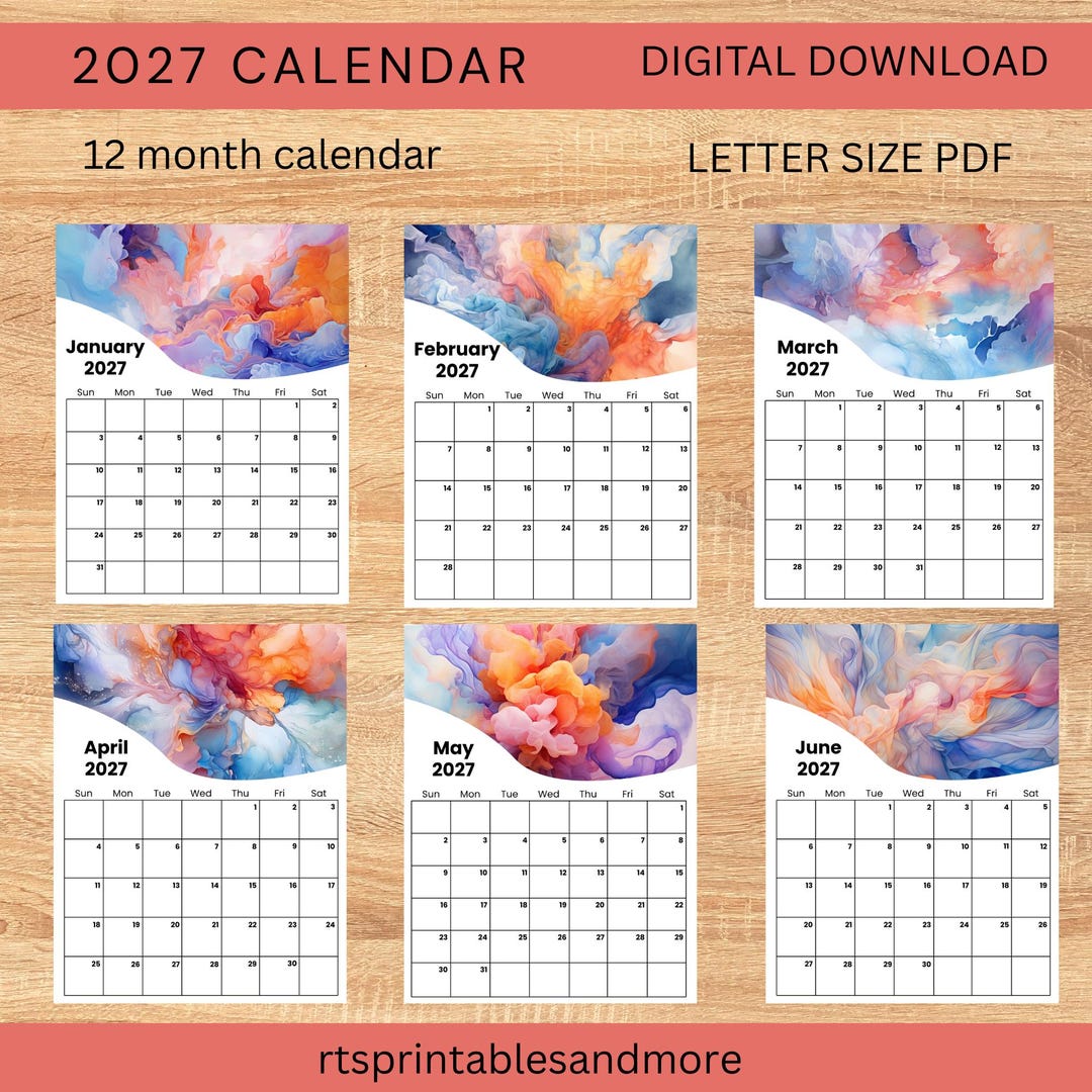 2027 Monthly Calendar Printable: Watercolor Abstract (letter-size PDF ...