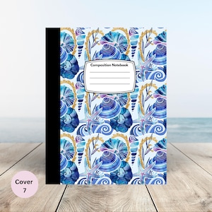 May include: A blue and gold composition notebook cover with a watercolor seashell pattern. The cover says "Composition Notebook" in black text.