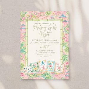 May include: A rectangular invitation card featuring a bamboo frame border and a pink floral background with pagoda illustrations. The text reads: You're invited to a Mahjong Girls Night, Saturday, April 25, 2026, 4pm game, dinner served after, hosted at Caroline's house, 1234 Anywhere St., City, RSVP to 999.999.9999 by April 20. Five mahjong tiles are at the bottom.