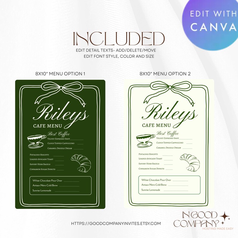 Elegant Café Drink Menu Template, Green Bow Party Decor, Parisian ...