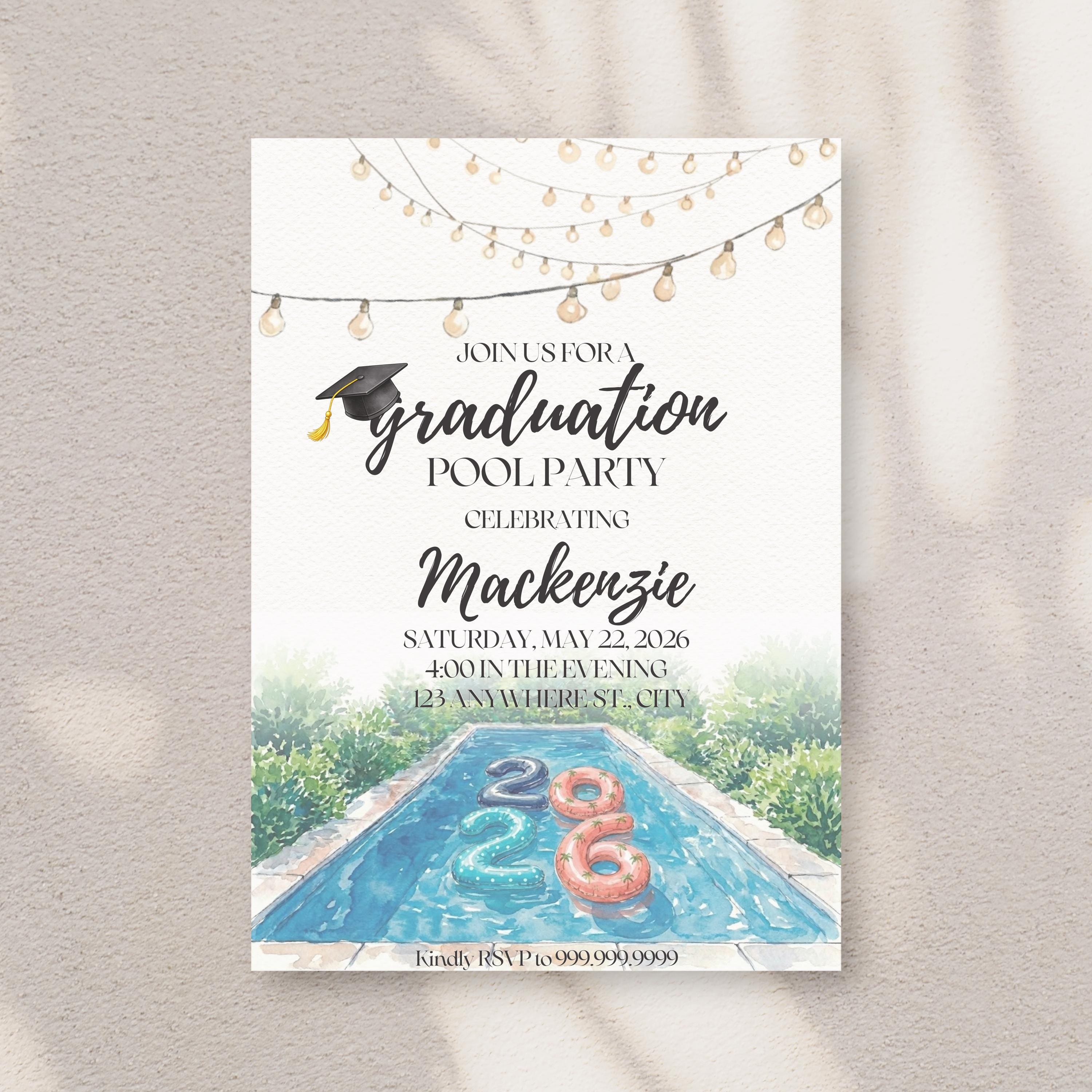 Graduation Pool Party Invitation, Class of 2026, Watercolor Greenery ...