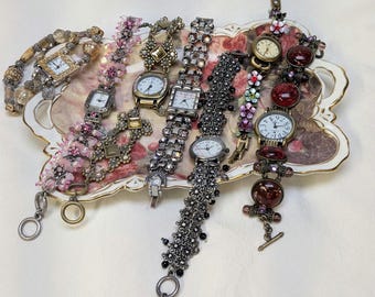 Vintage Inspired Bracelet Watch, Japanese Quartz, Jeweled Charm Styles