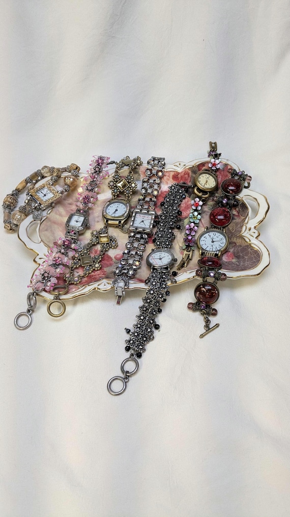 Vintage Inspired Bracelet Watch, Japanese Quartz, Jeweled Charm Styles