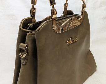 vintage vegan leather top handle handbag with gold accents