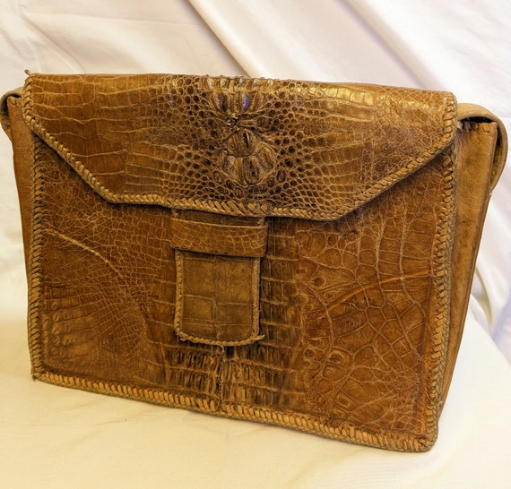 Sac à Main Vintage Cuir Crocodile Brun + Porte-monnaie - Années 50/60 - Occasion Très Bon état