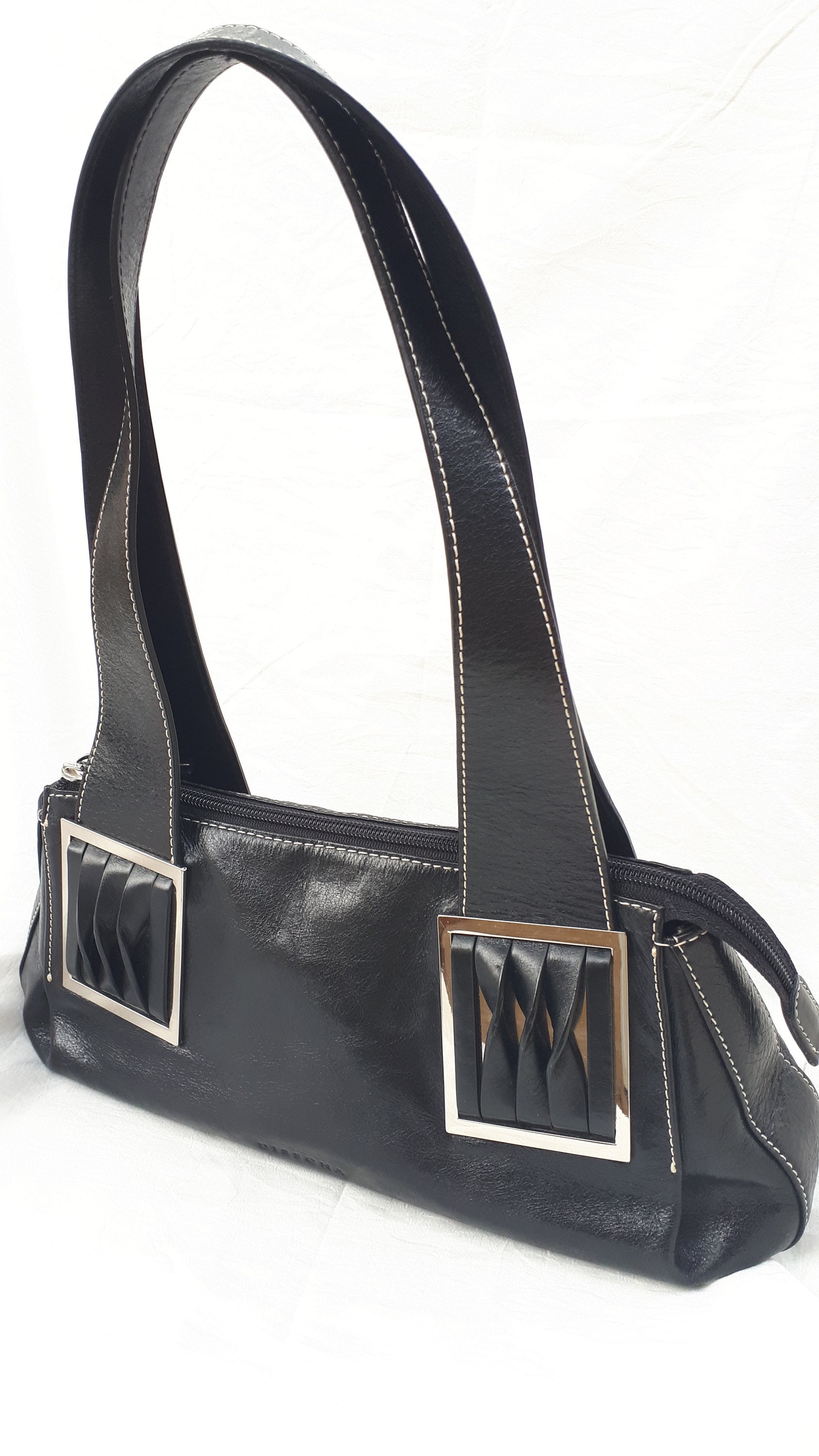 Vintage Leather Handbag Dissona Italy Black Luxurious Leather Shoulder Bag Retro Handbag