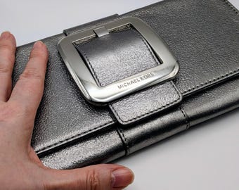 Michael Kors silvery shimmer, vintage leather clutch with large silver buckle