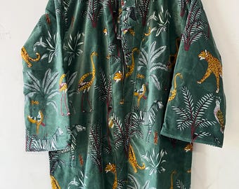 Green Jungle Print Velvet Kimono Robe, Velvet Jacket, Velvet Overcoat, Winter Kimono Robe, Gift For her, Boho Robe, Bath Robe, Bohemia