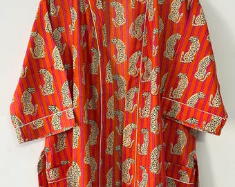 Handmade Leopard Print Cotton Kimono Robe, Beach Cover Up
