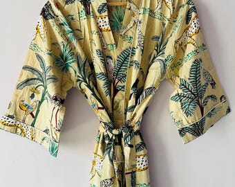 Handmade Cotton Kimono Robe: Safari Jungle Print Bohemian Kaftan