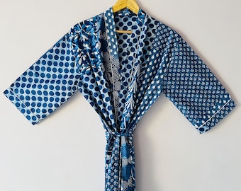Vestaglia kimono in cotone indiano, vestaglia da damigella con stampa a blocchi, pigiama estivo, taglia unica