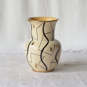 Mid-century vase with geometric pattern hand-painted pottery image 1
