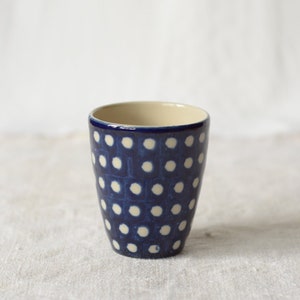Dark blue cup with white dots hand painted ceramic image 1