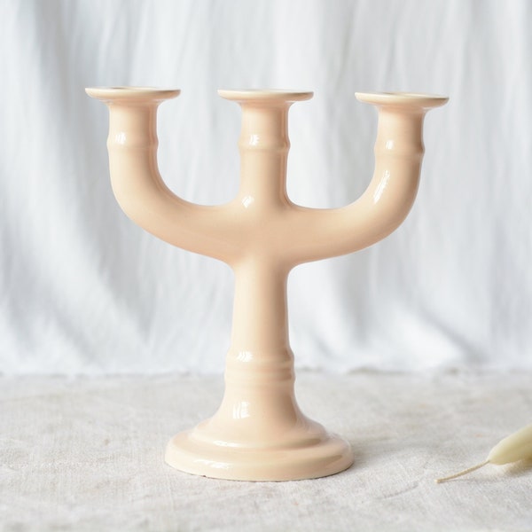 Pink triple candleholder  |  Dartmouth pottery