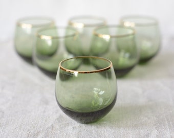 Non-tipping brandy glasses  |  set of 6 round green glasses mid century modern