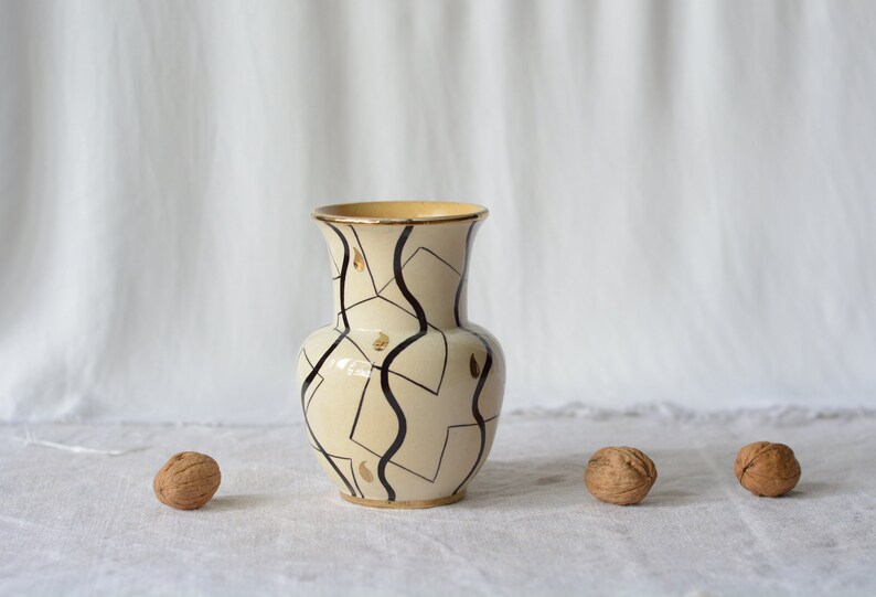 Mid-century vase with geometric pattern hand-painted pottery image 9