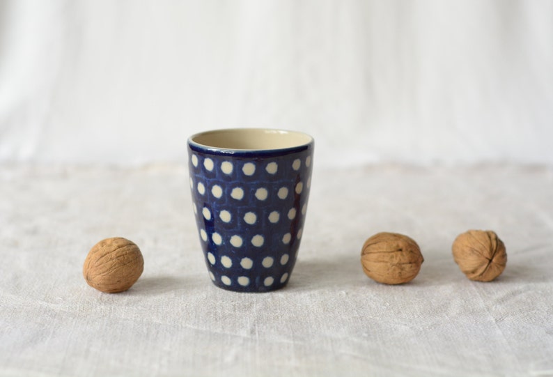 Dark blue cup with white dots hand painted ceramic image 5