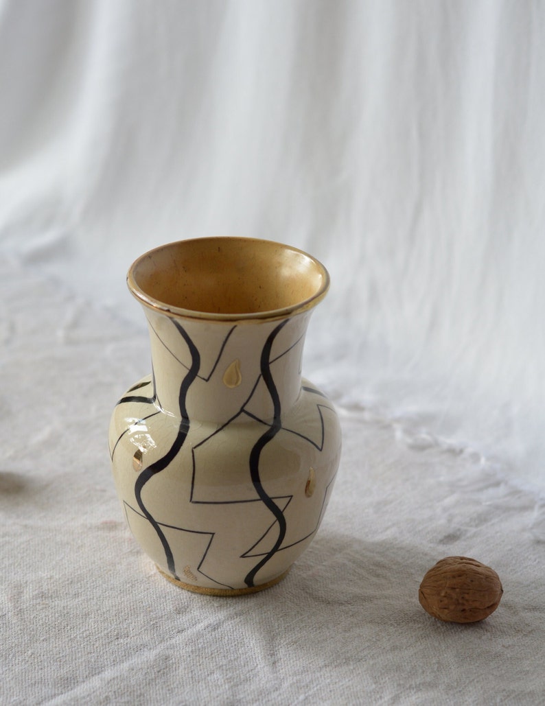 Mid-century vase with geometric pattern hand-painted pottery image 2