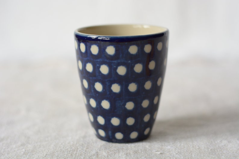 Dark blue cup with white dots hand painted ceramic image 8