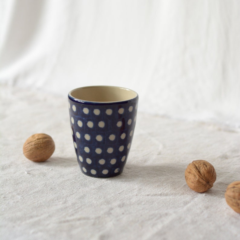 Dark blue cup with white dots hand painted ceramic image 6