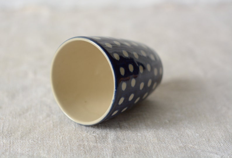 Dark blue cup with white dots hand painted ceramic image 3