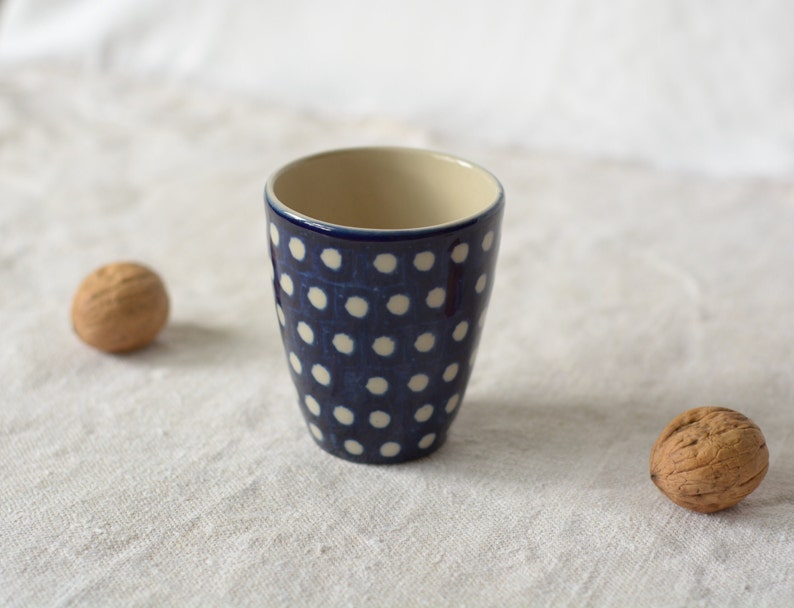 Dark blue cup with white dots hand painted ceramic image 7