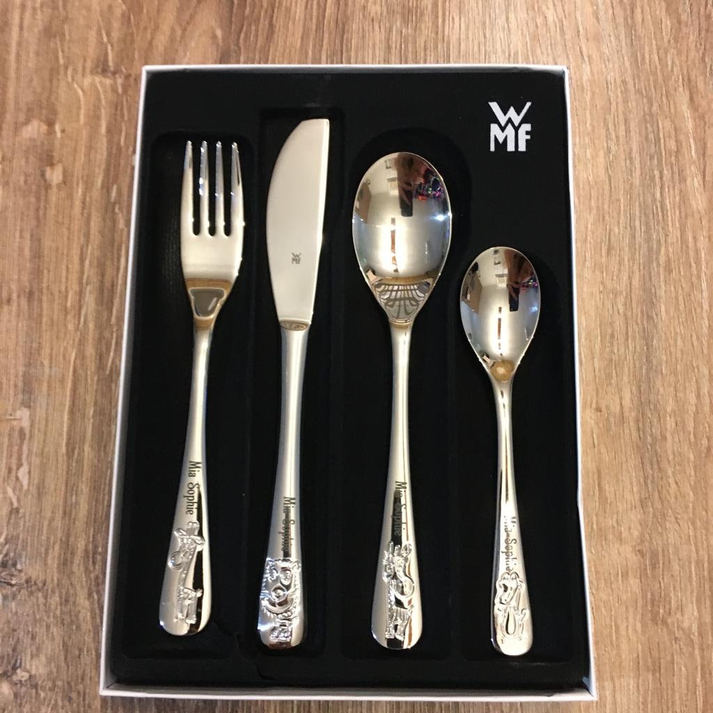 WMF children's cutlery with engraving, 4 pieces, from 3 years, polished stainless steel, christening gifts, christening gifts, children's cutlery with name engraving