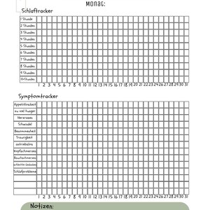 Może przedstawiać: Biało-zielony dziennik kontroli zdrowia z tytułem "Mein Paniktagebuch Gesundheits-Check". Zawiera sekcje do śledzenia snu i objaw&oacute;w, z miejscem na notatki. Dziennik ma na celu monitorowanie stanu zdrowia przez miesiąc.