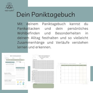Könnte beinhalten: Ein deutschsprachiges Journal mit dem Titel "Dein Paniktagebuch". Es enthält Abschnitte zur Erfassung von Panikattacken und zum persönlichen Wohlbefinden. Die Seiten sind weiß mit schwarzem Text und grünen Akzenten.