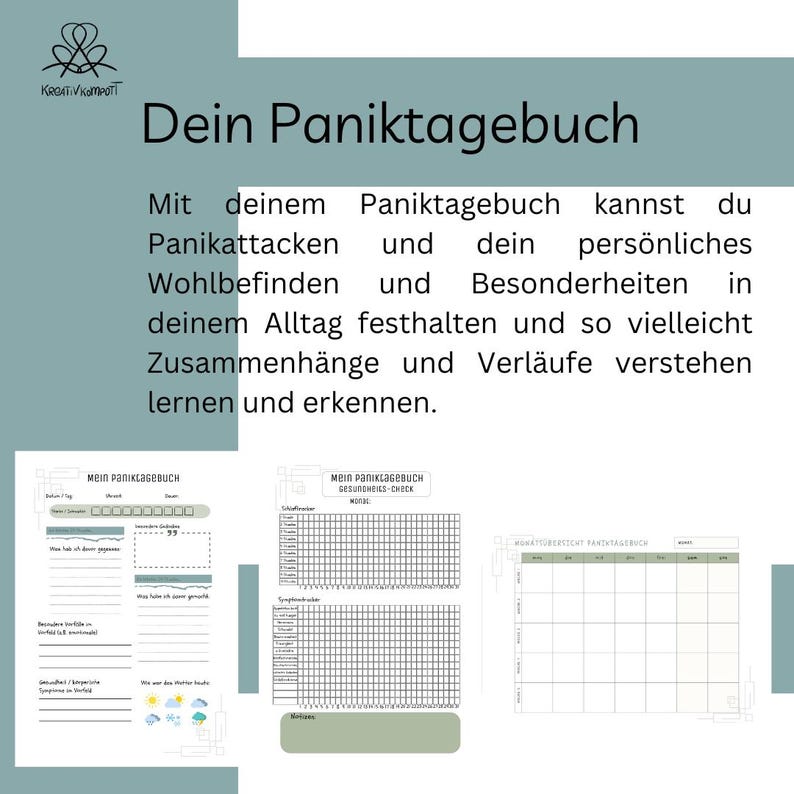 Może przedstawiać: Niemiecki dziennik zatytułowany "Dein Paniktagebuch", przeznaczony do śledzenia atak&oacute;w paniki i dobrego samopoczucia. Białe strony zawierają czarny tekst i zielone akcenty, przeznaczone do codziennego śledzenia.