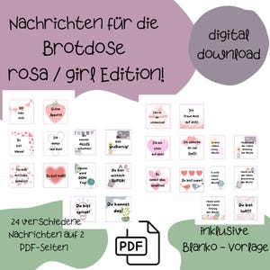 Könnte beinhalten: Ein Satz von 24 druckbaren Brotzeit-Notizen für Kinder. Die Notizen haben ein rosa-weißes Farbschema mit Illustrationen von Herzen, Blumen und Vögeln. Die Notizen enthalten Sätze wie "Du bist toll!" und "Ich wünsche dir viel Spaß!" Die Notizen sind für einen digitalen Download konzipiert und werden mit einer leeren Vorlage geliefert.