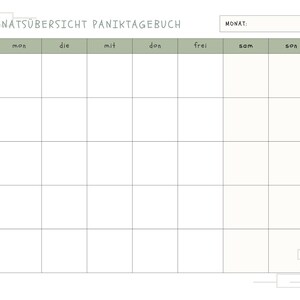 Może przedstawiać: Biała strona planera z siatką na wpisy tygodniowe i dzienne. Na g&oacute;rze znajduje się tytuł "MONATS&Uuml;BERSICHT PANIKTAGEBUCH" i sekcja na miesiąc. Dni tygodnia są wymienione w języku niemieckim.