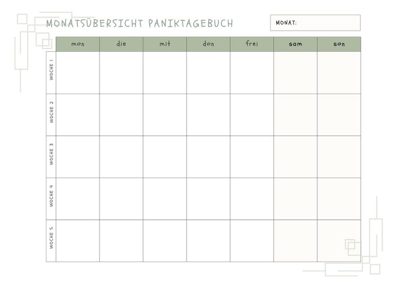 Może przedstawiać: Biała strona planera z siatką na wpisy tygodniowe i dzienne. Na g&oacute;rze znajduje się tytuł "MONATS&Uuml;BERSICHT PANIKTAGEBUCH" i sekcja na miesiąc. Dni tygodnia są wymienione w języku niemieckim.