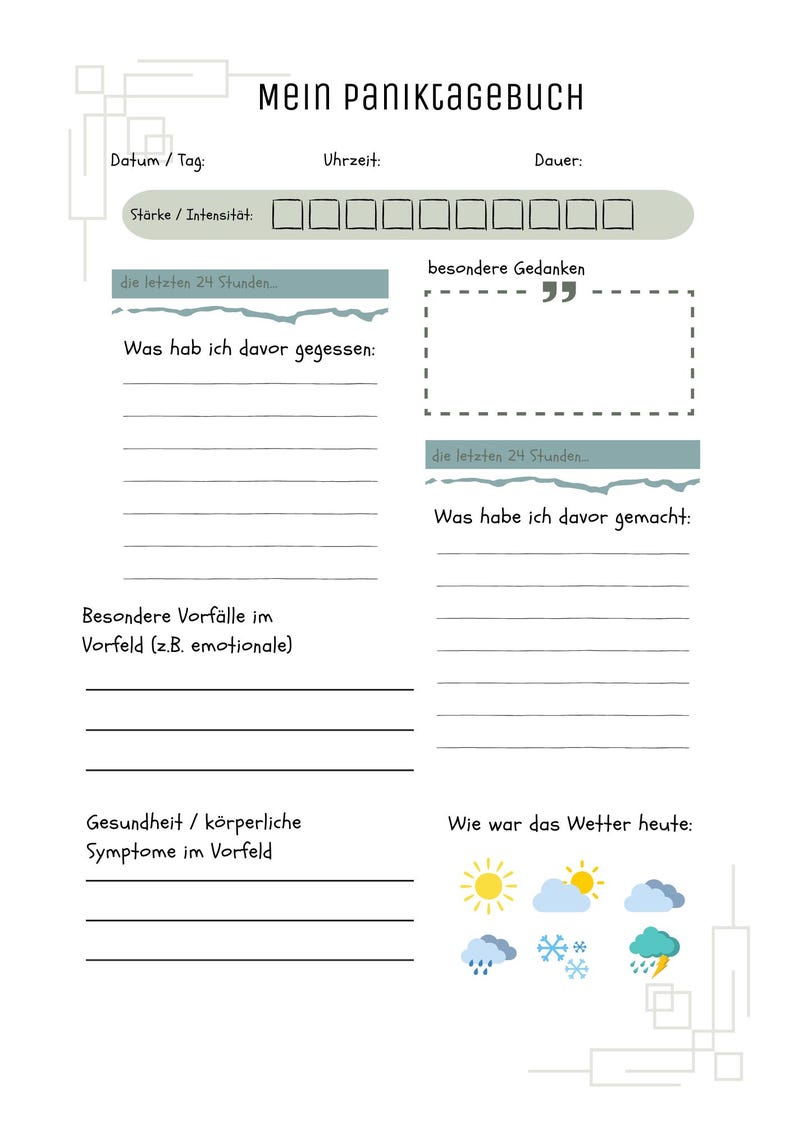 Może przedstawiać: Biała strona dziennika z tytułem "Mein Paniktagebuch" w kolorze czarnym. Zawiera sekcje na datę, godzinę, intensywność i czas trwania, a także podpowiedzi dotyczące myśli, diety, aktywności i zdrowia. Ikony pogody znajdują się na dole.