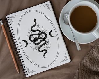 Journal relié spirale Serpent céleste | Carnet de notes serpent mystique avec pages lignées | Lune et motif floral | Carnet de notes esthétique sorcière