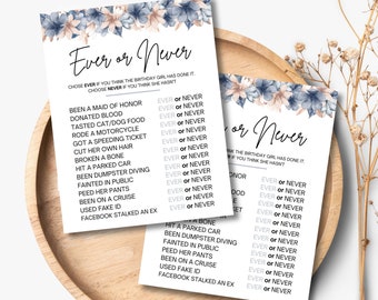 Ever or Never Printable Birthday Game, Adult Party Games, Party Supplies, Printable Bday Games, Party Games Download, Printable Games