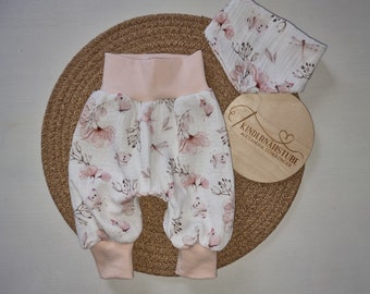 Light muslin trousers / scarf / 100% cotton / floral / premature baby clothing / butterfly