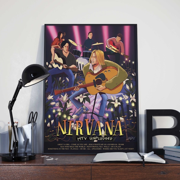 Poster Nirvana - Música - Banda - Rock - Grunge - Artista - 90's - Poster - Vintage - Kurt Cobain - Ilustración - USA