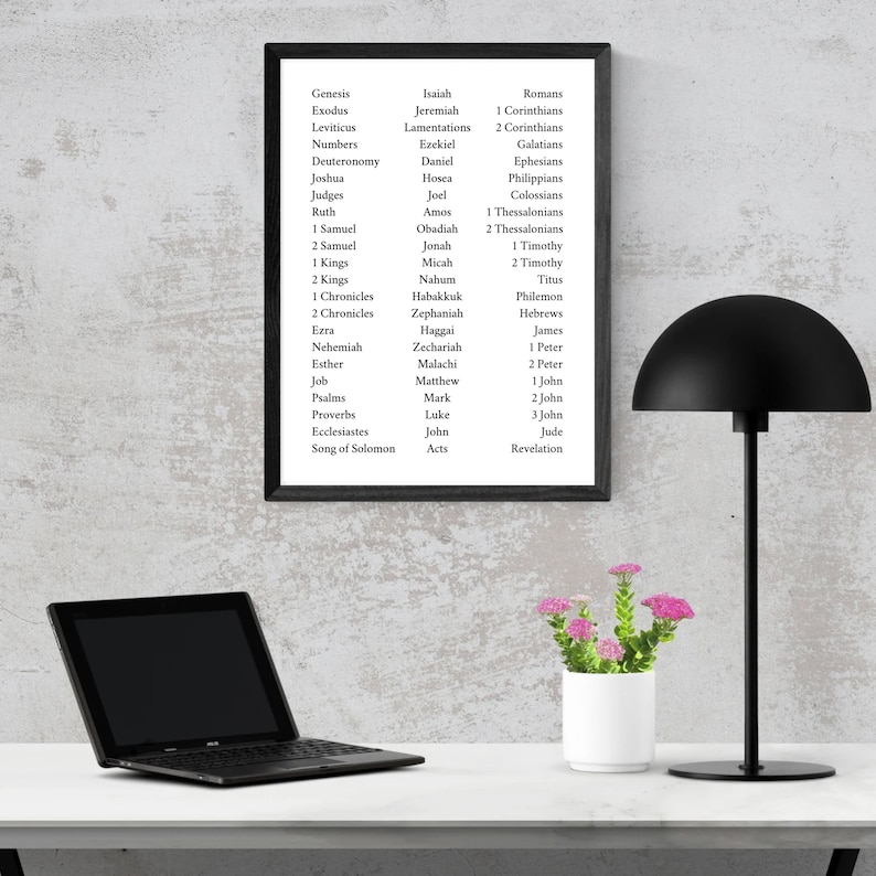 May include: A black framed print with a white background listing the books of the Bible in two columns. The print is hanging on a light gray wall. A black lamp with a dome-shaped shade is on a white table next to a potted plant with pink flowers.