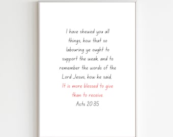 Hechos 20:35 Cartel del versículo bíblico, cartel del versículo de los hechos imprimible, decoración del hogar bíblico imprimible, decoración de las Escrituras