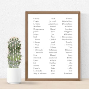 May include: A framed print with a list of books from the Bible, including the Old Testament and New Testament. The print is in a brown frame and is hanging on a white wall. A small cactus plant is in a white pot in the foreground.