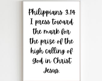 Filipenses 3:14 Cartel bíblico imprimible, cartel del versículo de Filipenses, decoración del hogar bíblico, decoración de la sala de las Escrituras