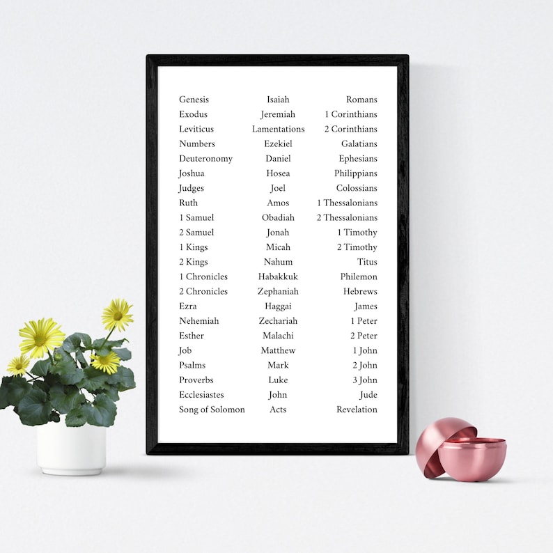 May include: A black framed print with a white background and black text listing the books of the Bible in two columns. The print is on a white surface with a yellow flower in a white pot and two pink cups.
