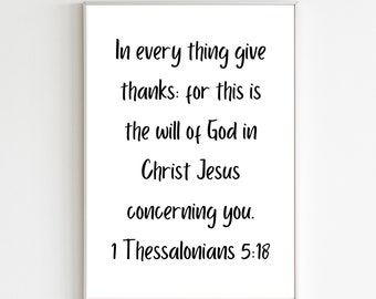 1 Tesalonicenses 5:18 Cartel de versículo imprimible, Cartel digital de Acción de Gracias, Decoración del hogar de Acción de Gracias, Decoración de las Escrituras