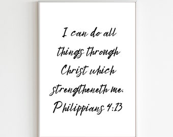 Filipenses 4:13 Cartel del versículo bíblico imprimible, cartel del versículo bíblico digital, cartel del versículo bíblico motivacional, decoración del hogar bíblico